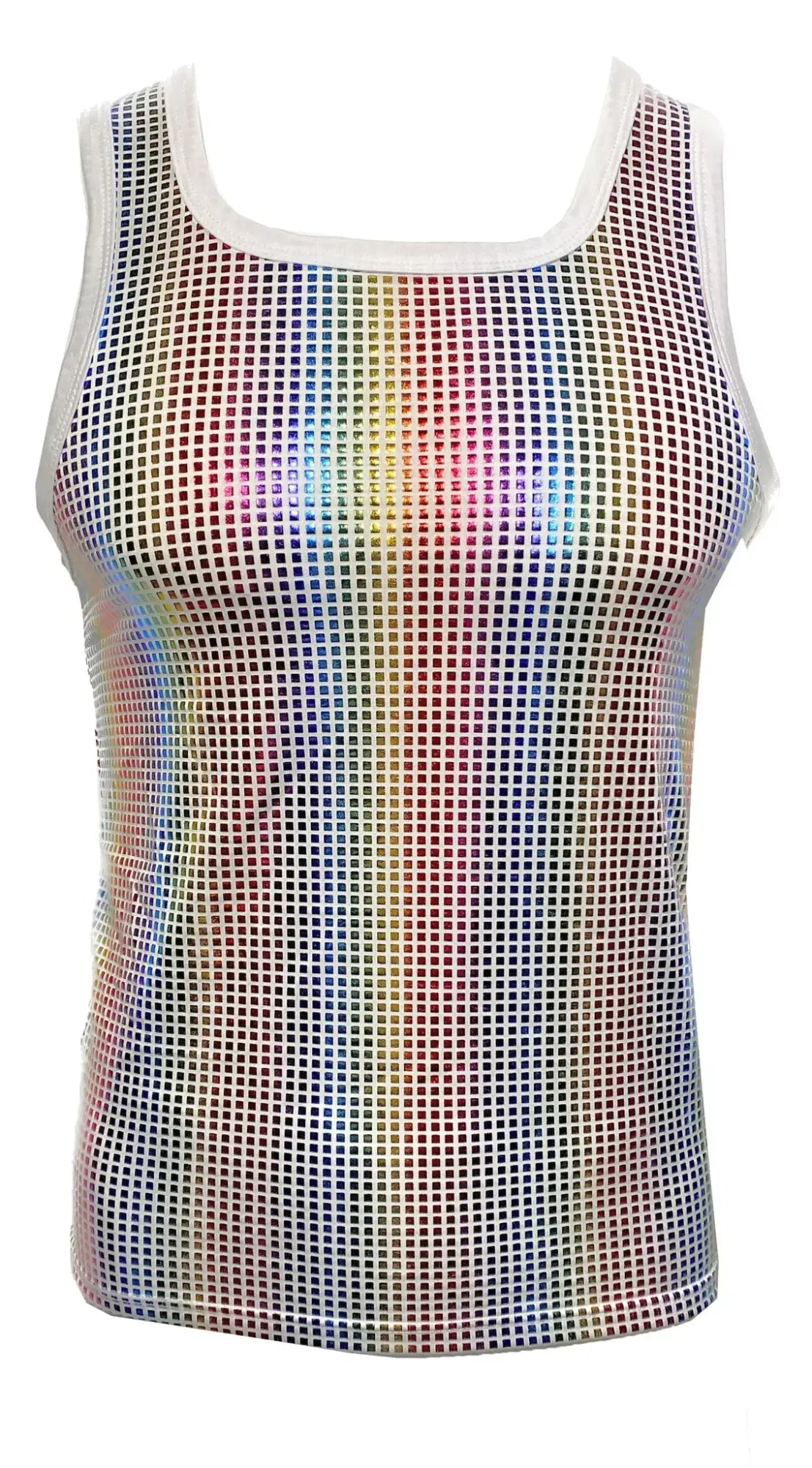 Disco queen tank rainbow holographic mesh tank top with white trim perfect for vibrant party wear