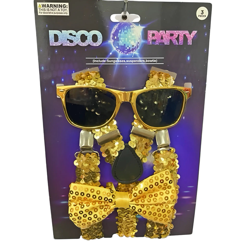 Disco sequin kit gold featuring gold sequined sunglasses suspenders and bow tie for party accessories