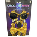 Disco sequin kit gold featuring gold sequined sunglasses suspenders and bow tie for party accessories