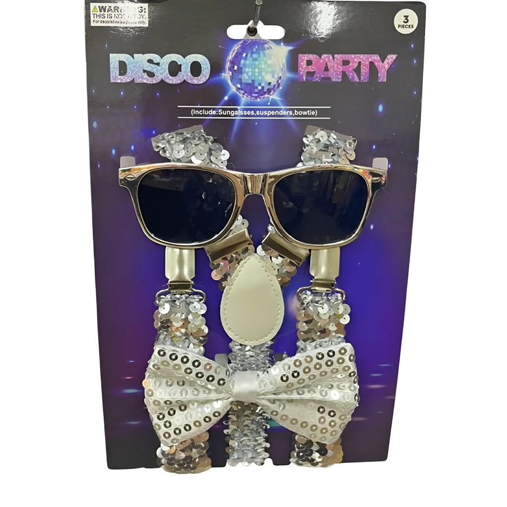 Disco sequin kit with shiny silver sequined sunglasses suspenders and bowtie for party accessory set