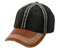 Distressed washed denim two tone cap in black with brown leather brim and white stitching