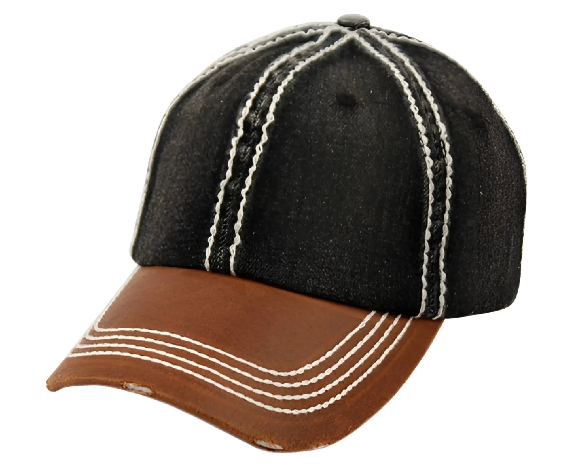 Distressed washed denim two tone cap in black with brown leather brim and white stitching