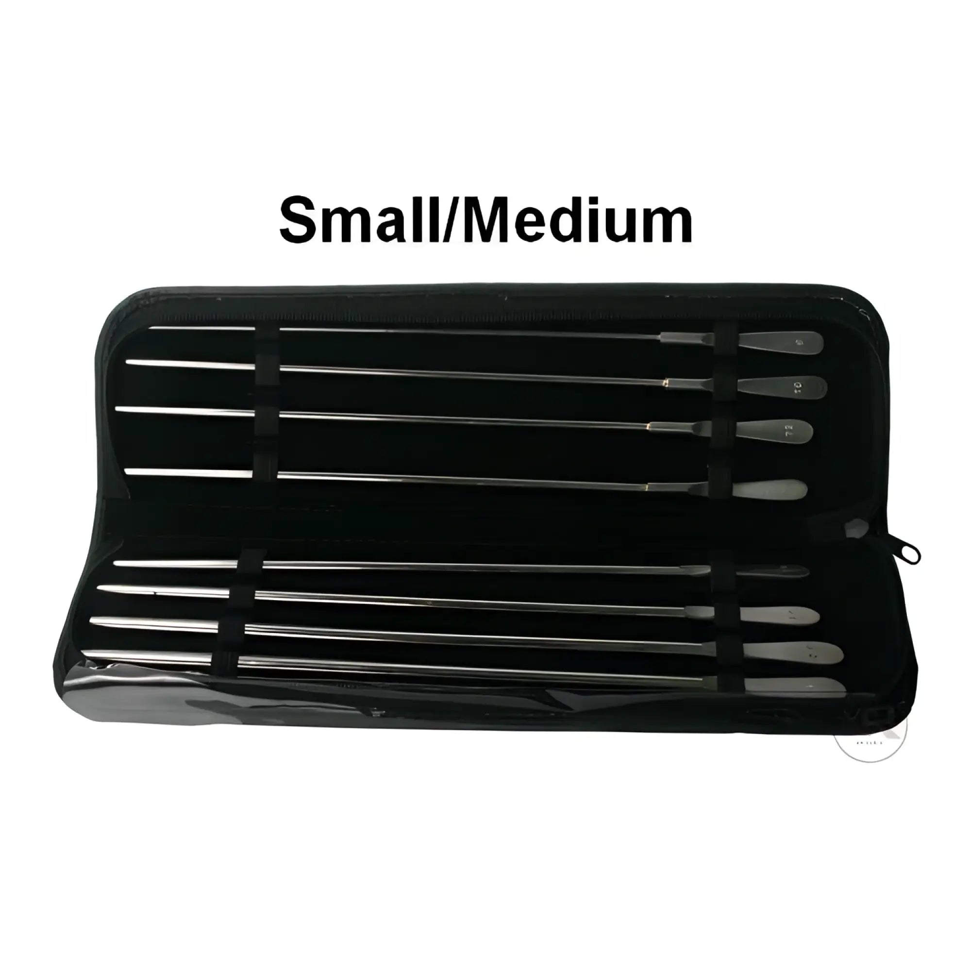 Set of six stainless steel skewers in a black zippered carrying case from dittle sounds kit