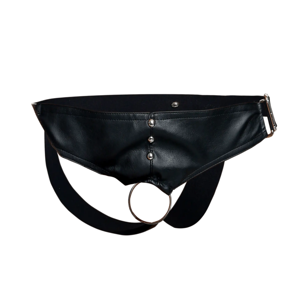 Black leather belt bag with silver-toned metal studs and c-ring detail from dngeon c-ring jockstrap collection