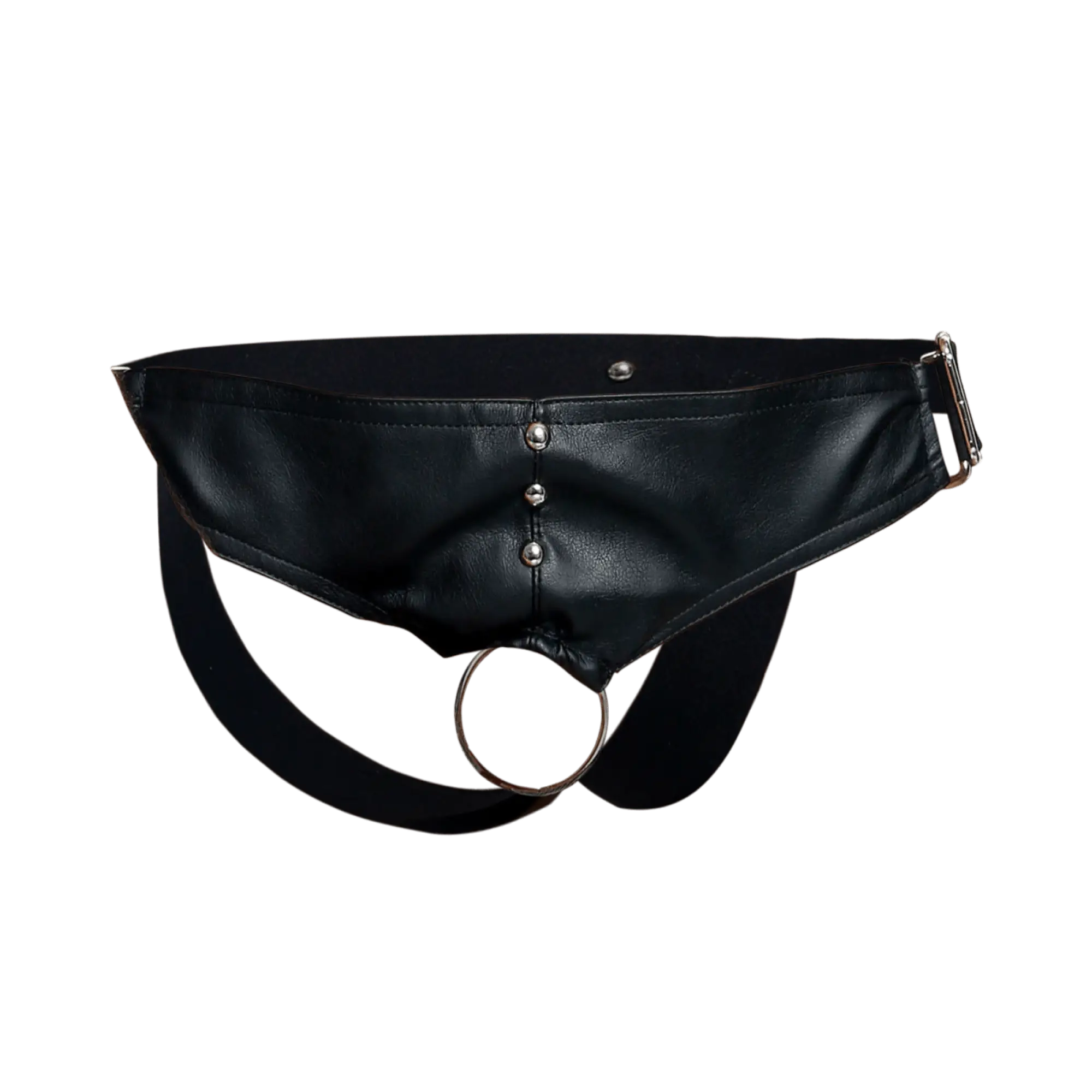 Black leather belt bag with silver-toned metal studs and c-ring detail from dngeon c-ring jockstrap collection