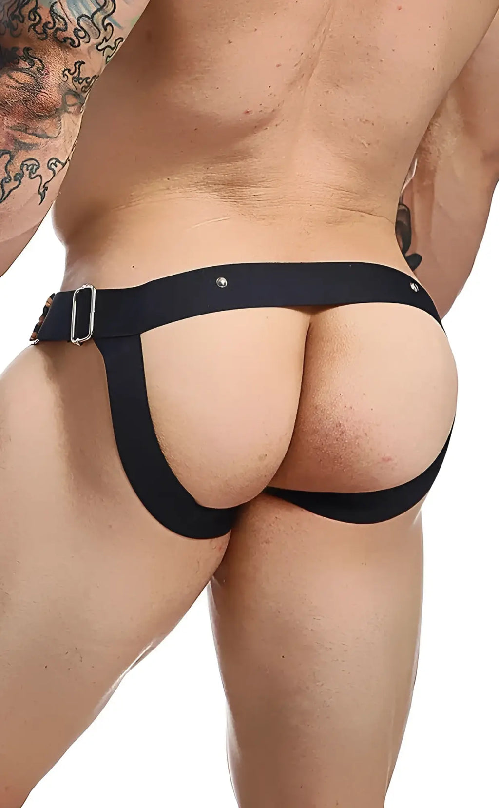 Black leather-style DNGEON C-ring jockstrap briefs with silver metal buckle and rivets showing back side