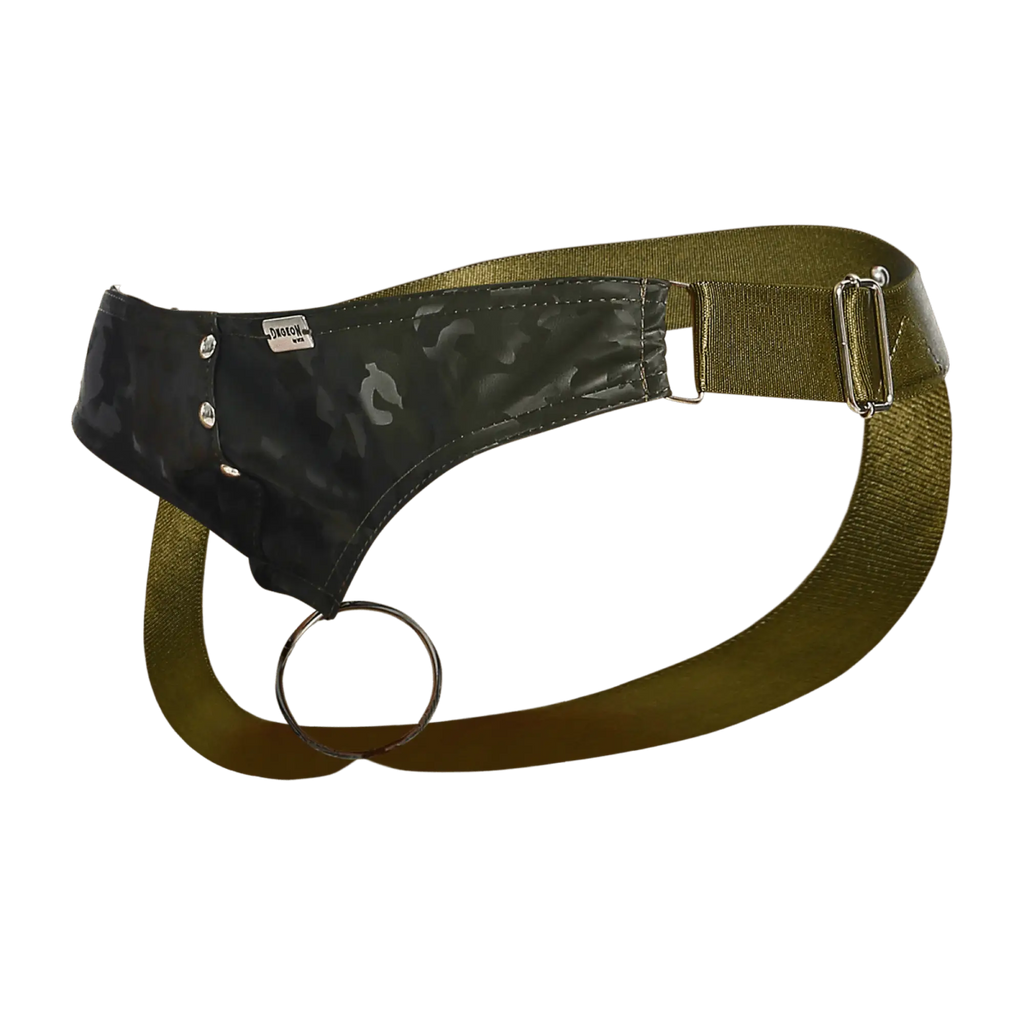 Olive green utility belt with black camouflage leather patch and silver metal buckle in dngeon ring jockstrap camo