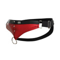 Red and black leather thong belt with silver hardware for dngeon c-ring jockstrap, front view