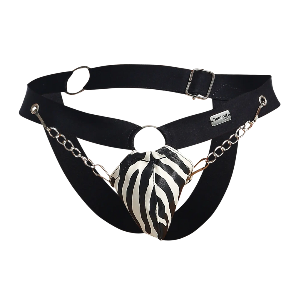 Black leather chain jockstrap with zebra-striped heart-shaped pouch attached by silver chains from dngeon animal collection