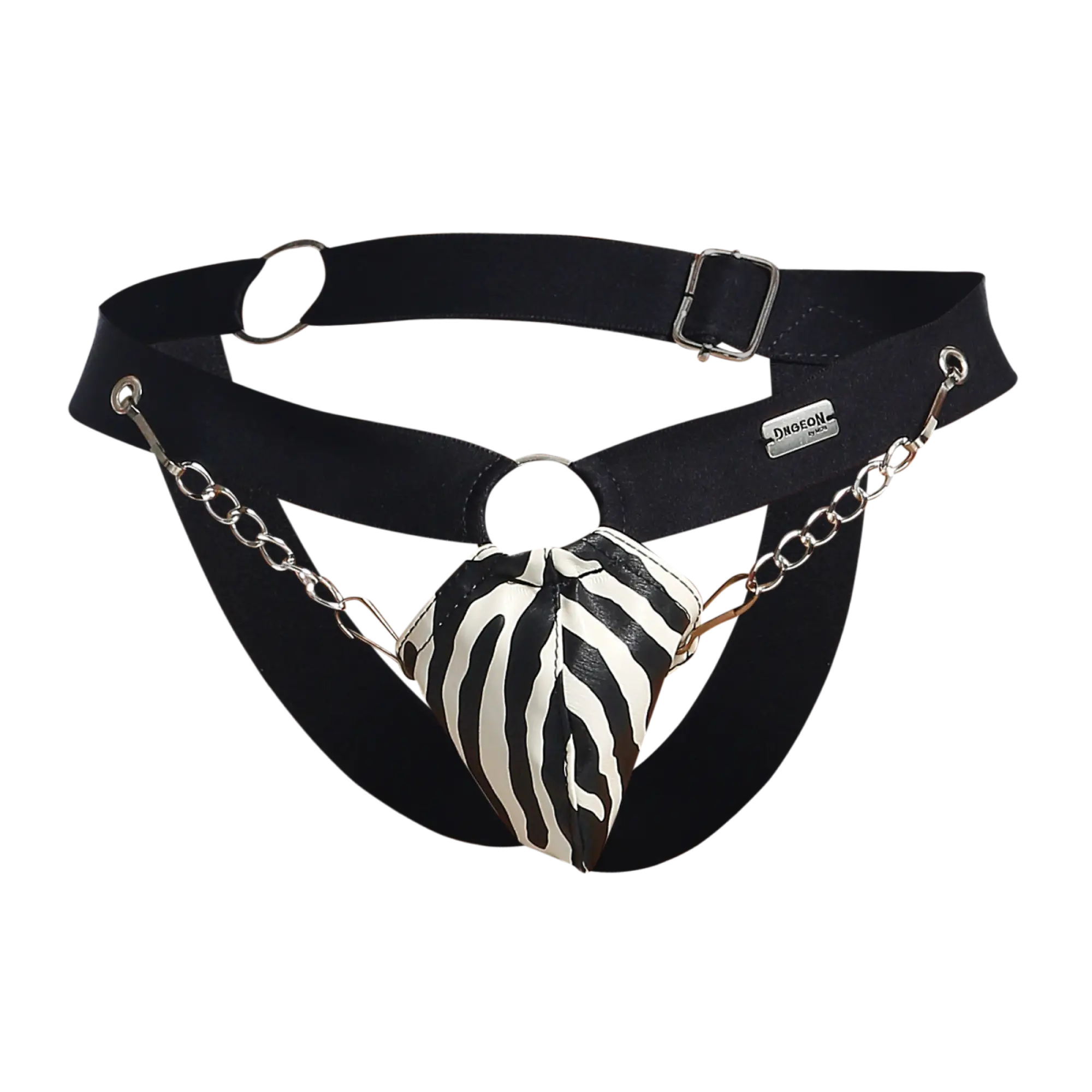 Black leather chain jockstrap with zebra-striped heart-shaped pouch attached by silver chains from dngeon animal collection