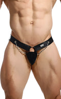Black leather thong with silver chain and metal ring detail from DNGEON chain jockstrap animal collection