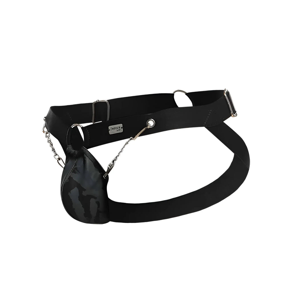 Black elastic belt jockstrap with camouflage pouch attached by silver chain from dngeon collection
