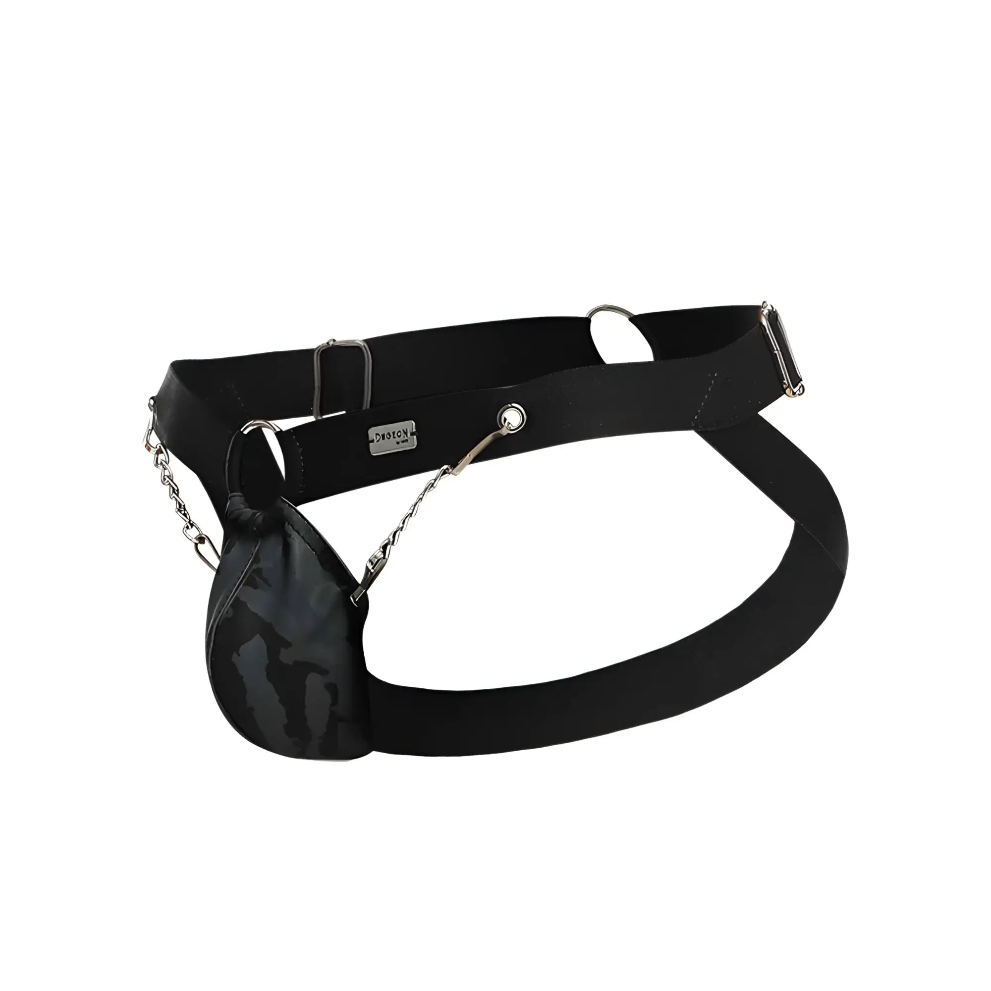 Black elastic belt jockstrap with camouflage pouch attached by silver chain from dngeon collection