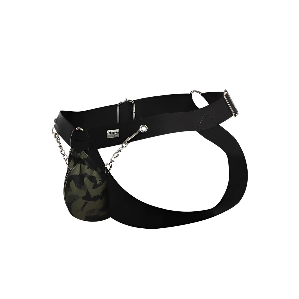 Black elastic belt with camouflage pouch attached by silver chain for dngeon chain jockstrap accessory