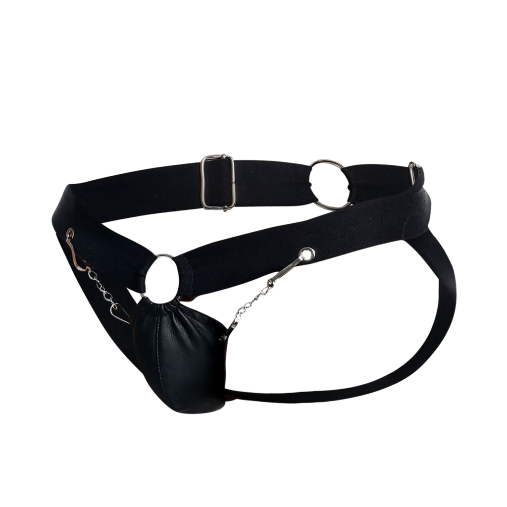 Dngeon chain jockstrap black leather belt with silver metal hardware and a dangling pouch attached by chains