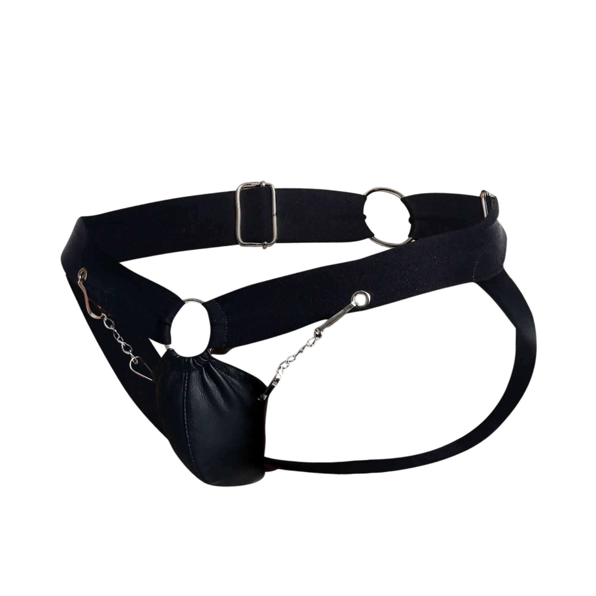 Dngeon chain jockstrap black leather belt with silver metal hardware and a dangling pouch attached by chains