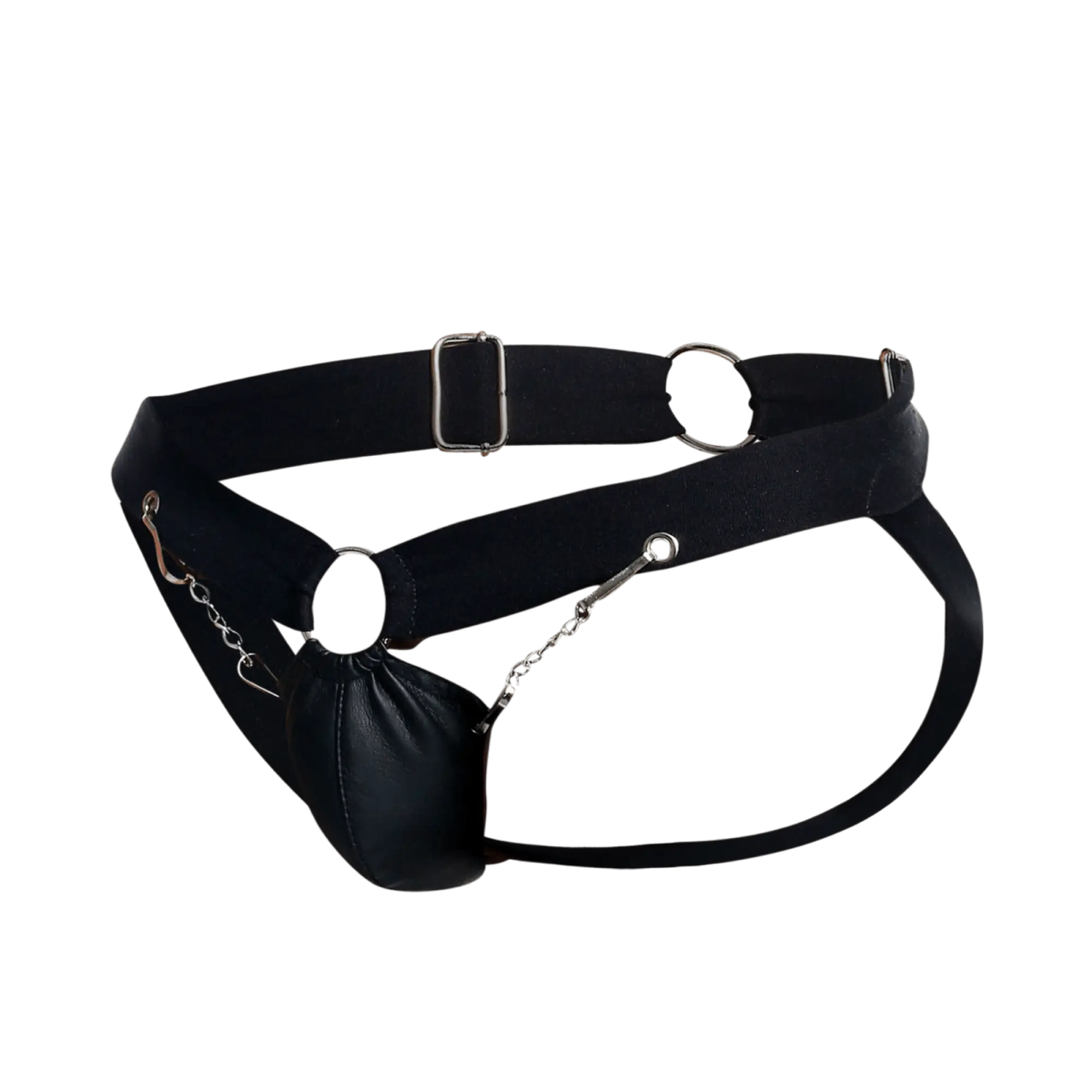 Black leather dngeon chain jockstrap with silver metal hardware and a dangling pouch for secure wear