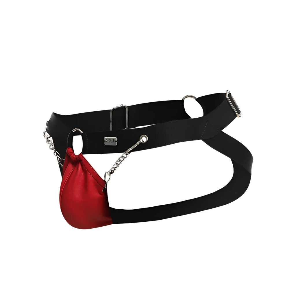 Dngeon chain jockstrap black leather harness with vibrant red satin pouch attached by silver chain