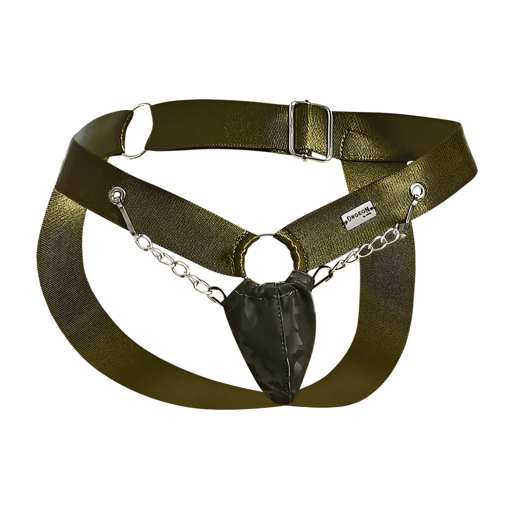 Olive green dngeon chain jockstrap with metallic chain and camouflage pouch for stylish secure support