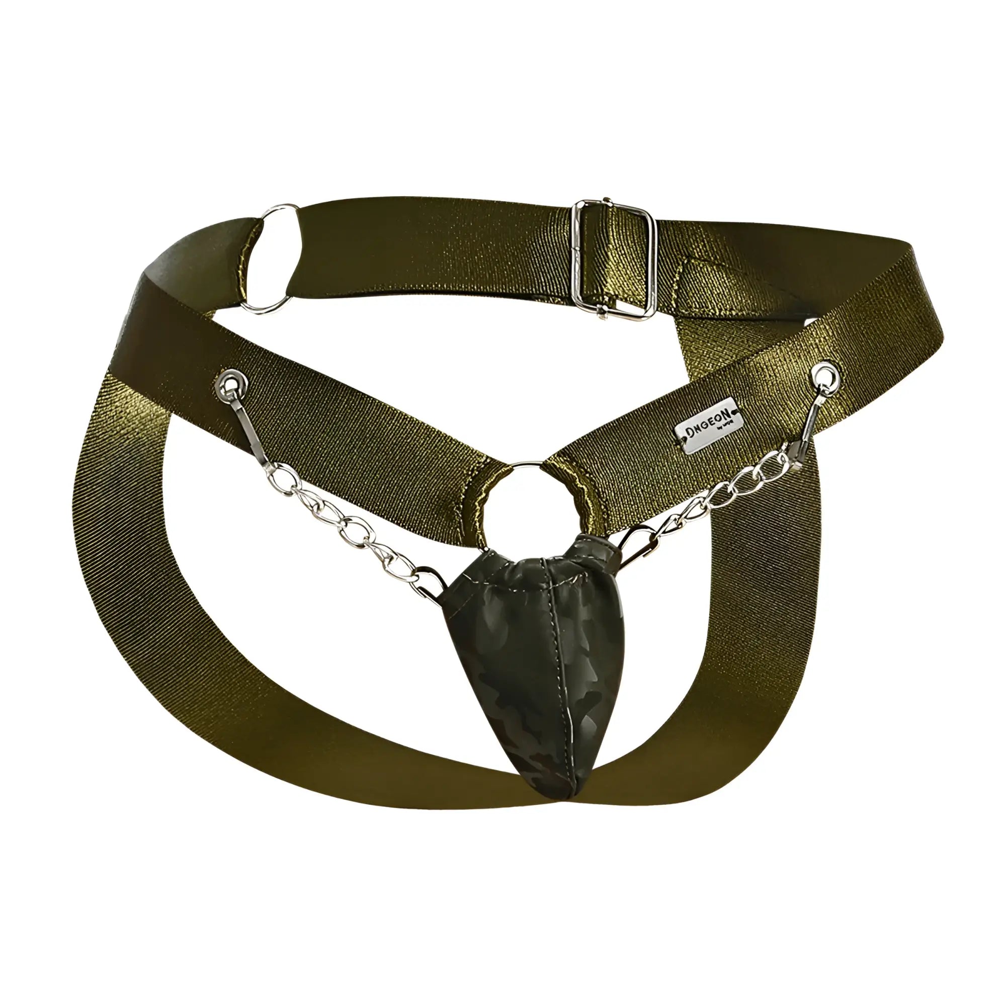Olive green dngeon chain jockstrap with metallic chain and camouflage pouch for stylish secure support