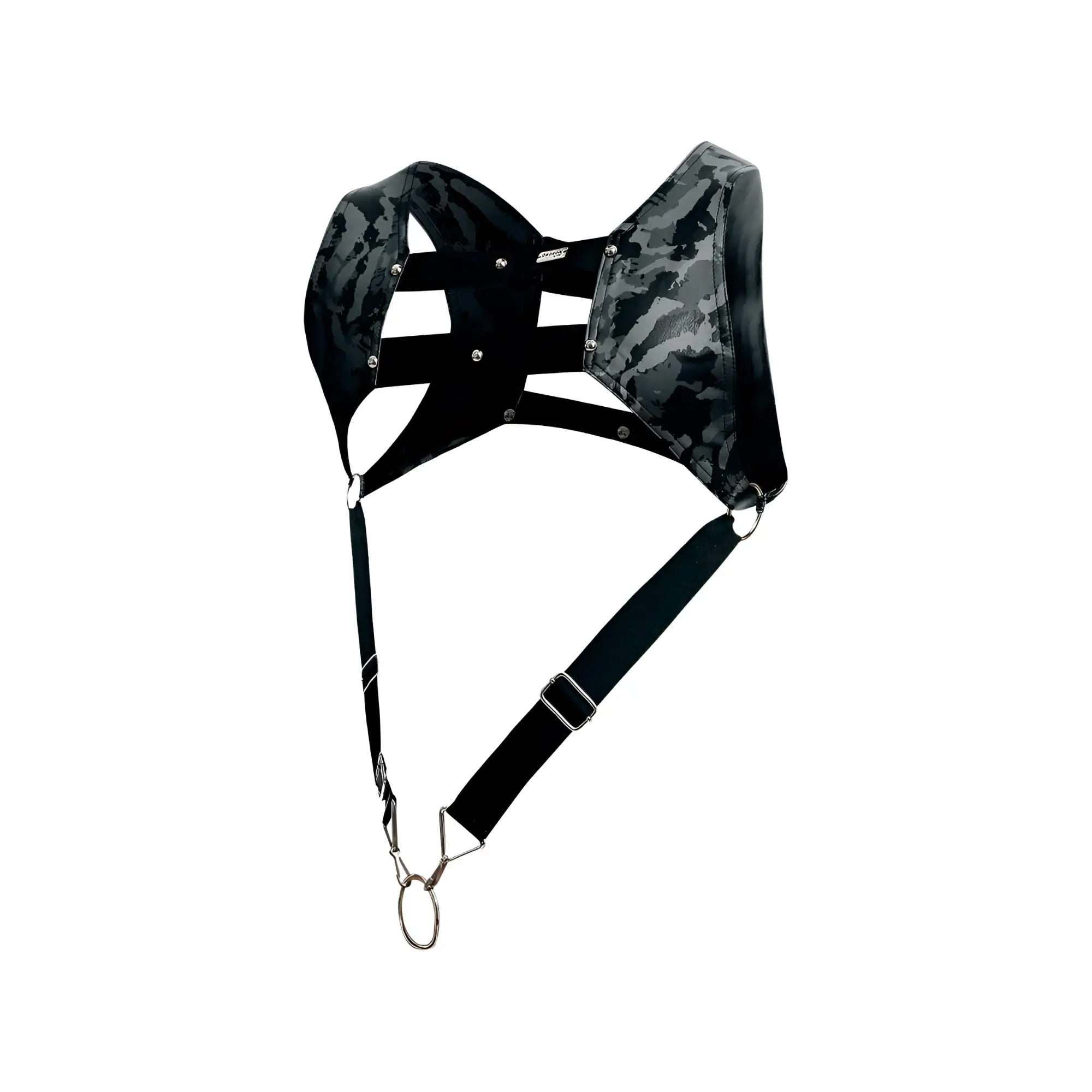 Dngeon croptop harness in black and gray camouflage with adjustable straps and metal hardware shown from the back side