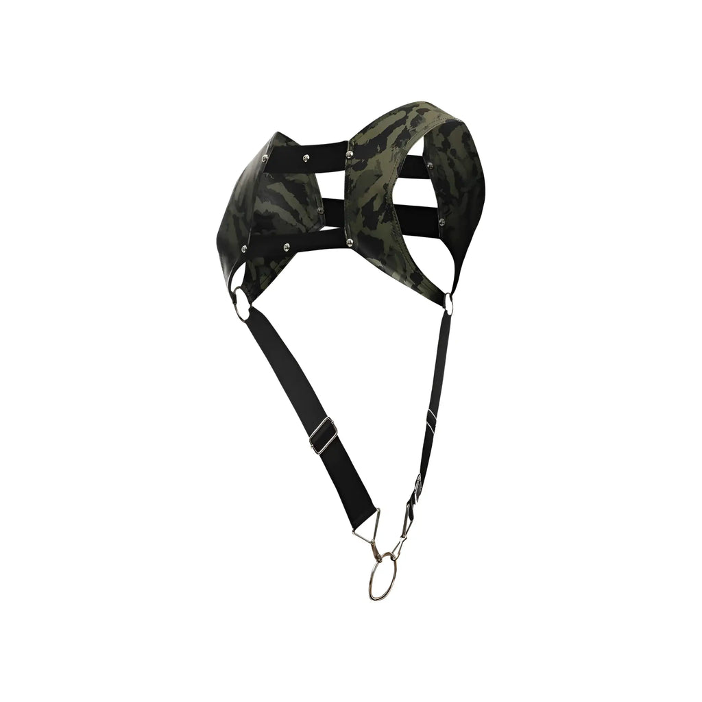 Dngeon croptop harness in black and green camouflage with adjustable straps and metal hardware for a secure fit