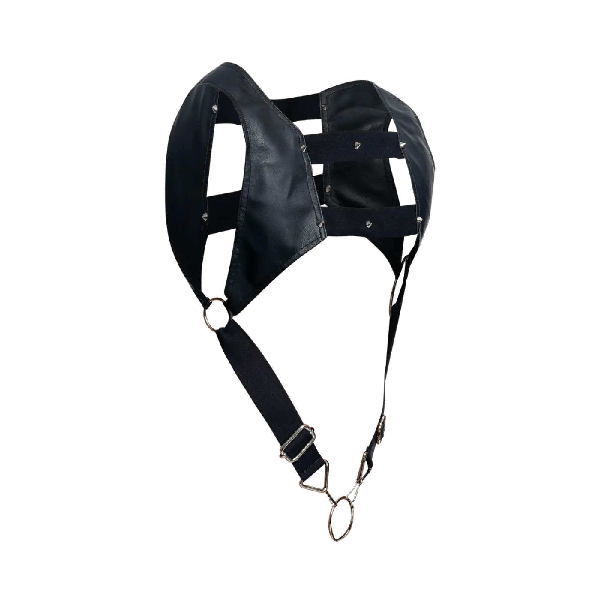 Black leather dngeon croptop harness headpiece with metal hardware and adjustable straps visible from the back side