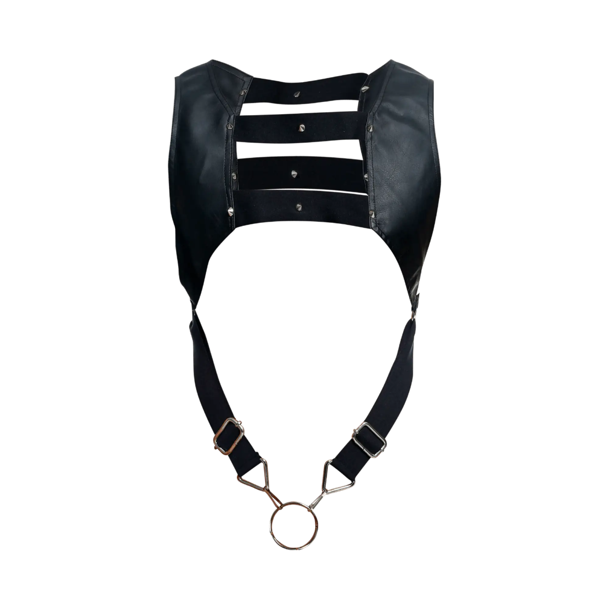 Dngeon croptop harness black leather with metallic hardware and central ring for edgy fashion accessory