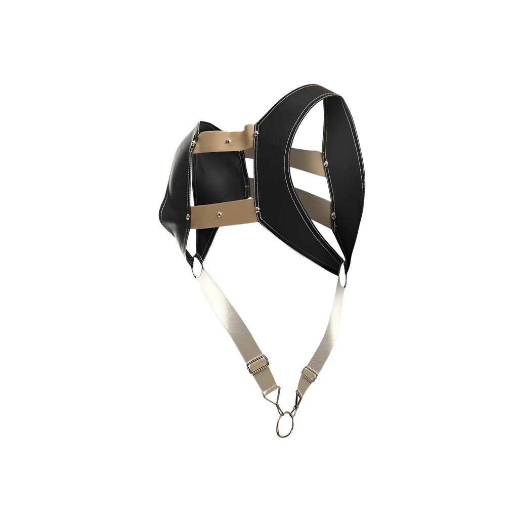 Dngeon croptop harness black leather with tan straps and metal hardware designed for edgy fashion looks