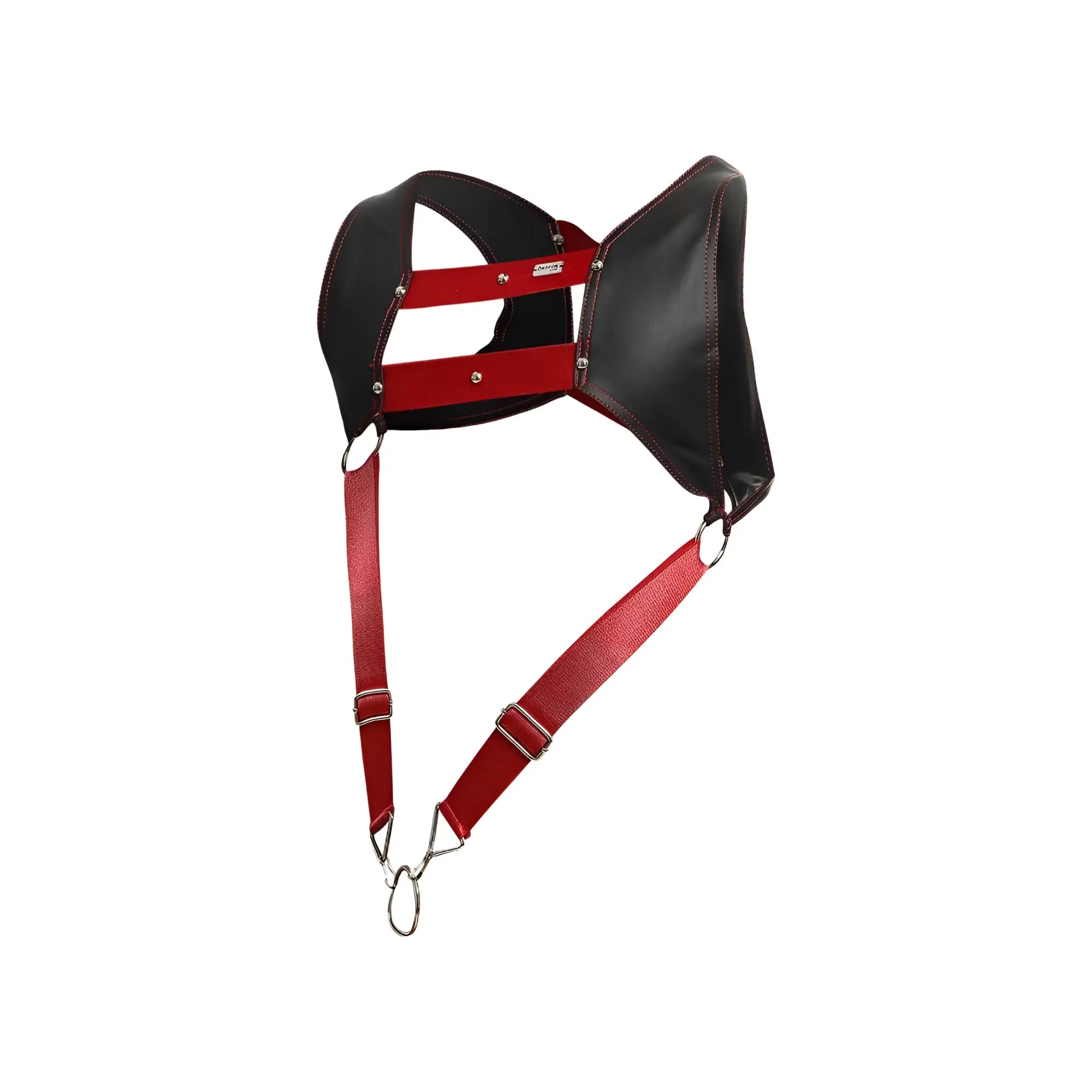 Dngeon croptop harness black and red leather with silver-toned metal hardware front view
