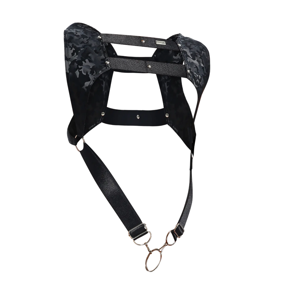 Dngeon croptop harness camo black camouflage pattern with metallic hardware and adjustable straps for a secure fit