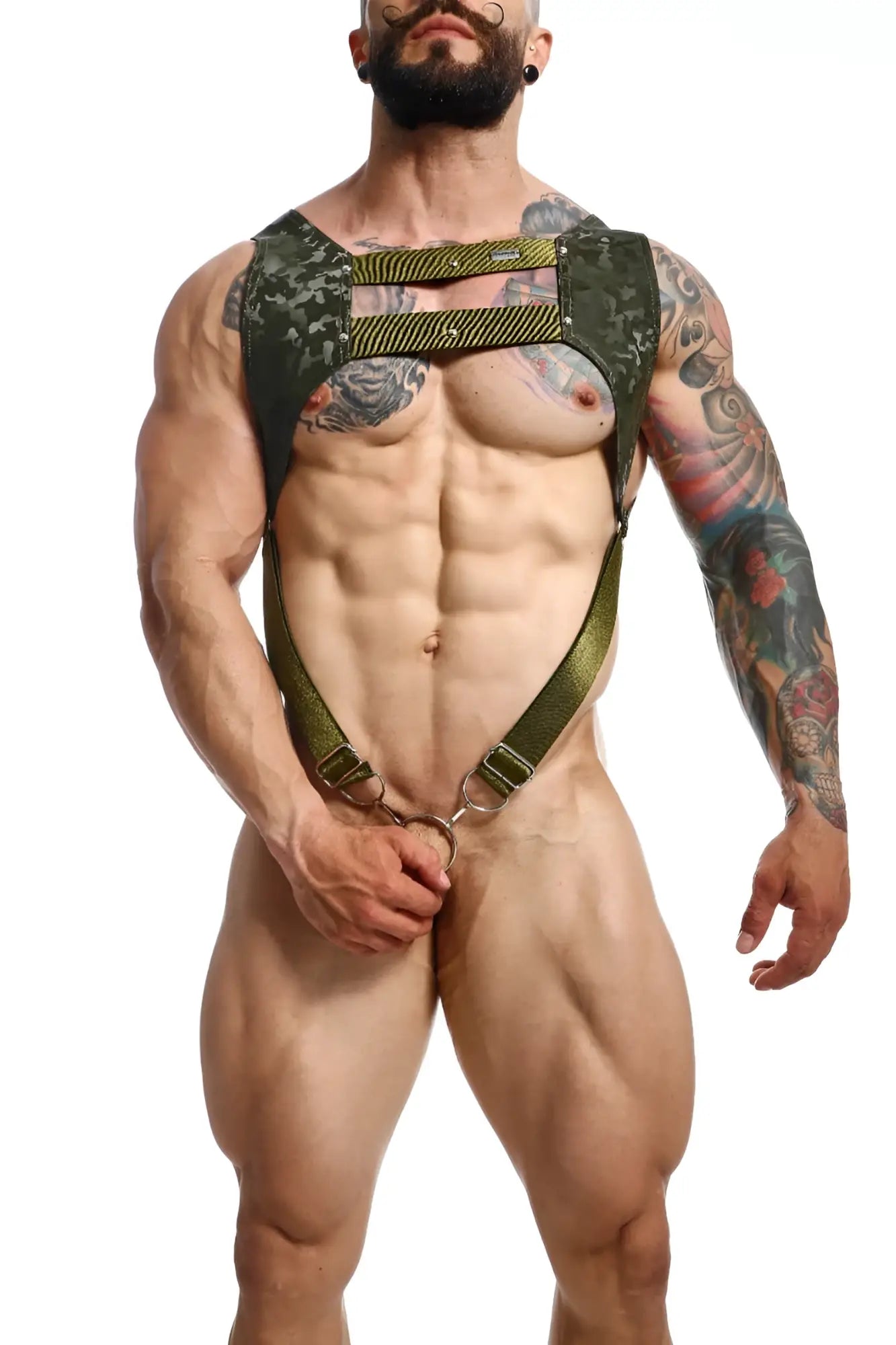 Dngeon croptop harness camo in green camouflage with reinforced straps and metal hardware shown from the back side