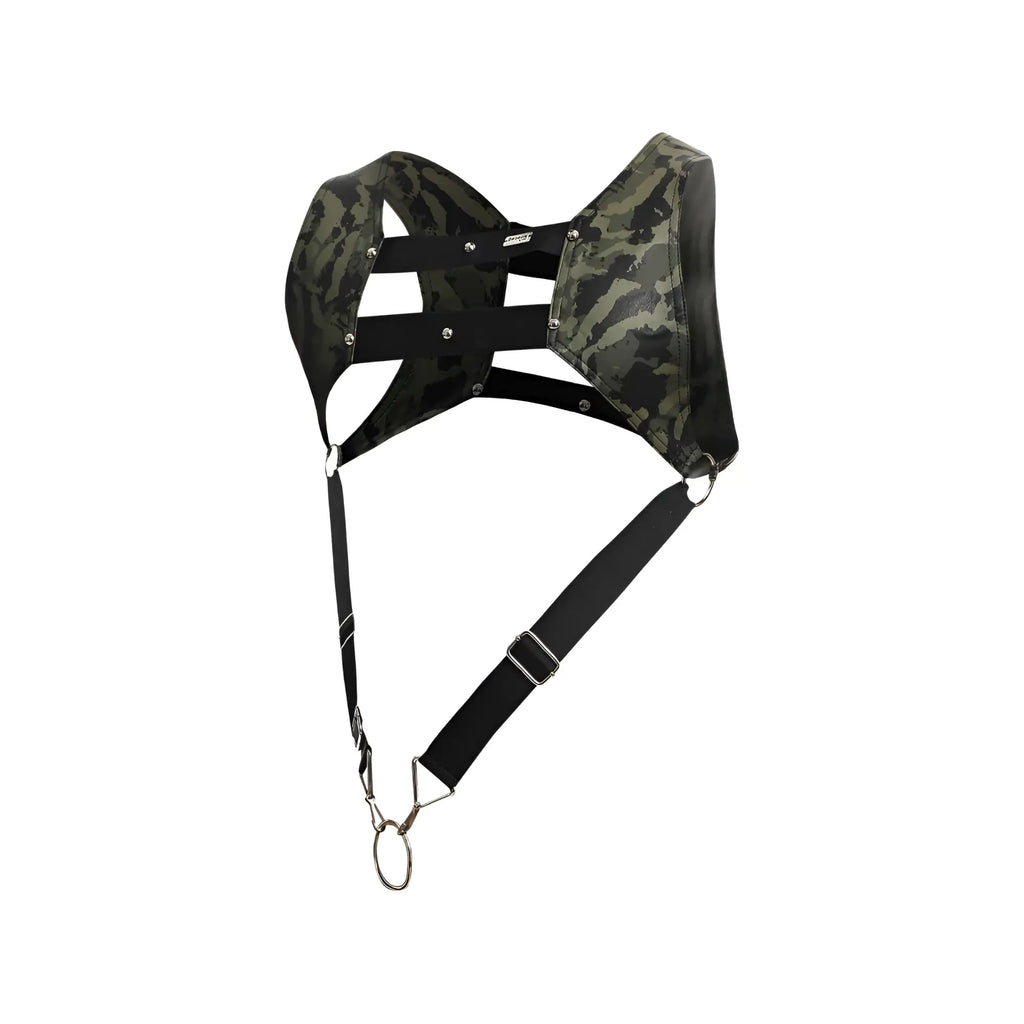Dngeon croptop harness camouflage chest harness with black straps and metal hardware for edgy fashion look