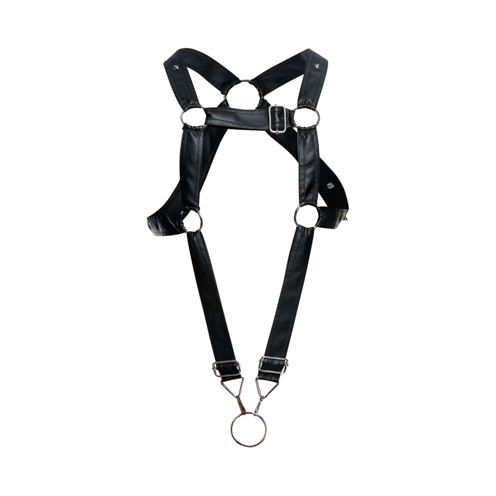 Black leather DNGEON cross C-ring harness with silver metal buckles and d-rings for adjustable fit