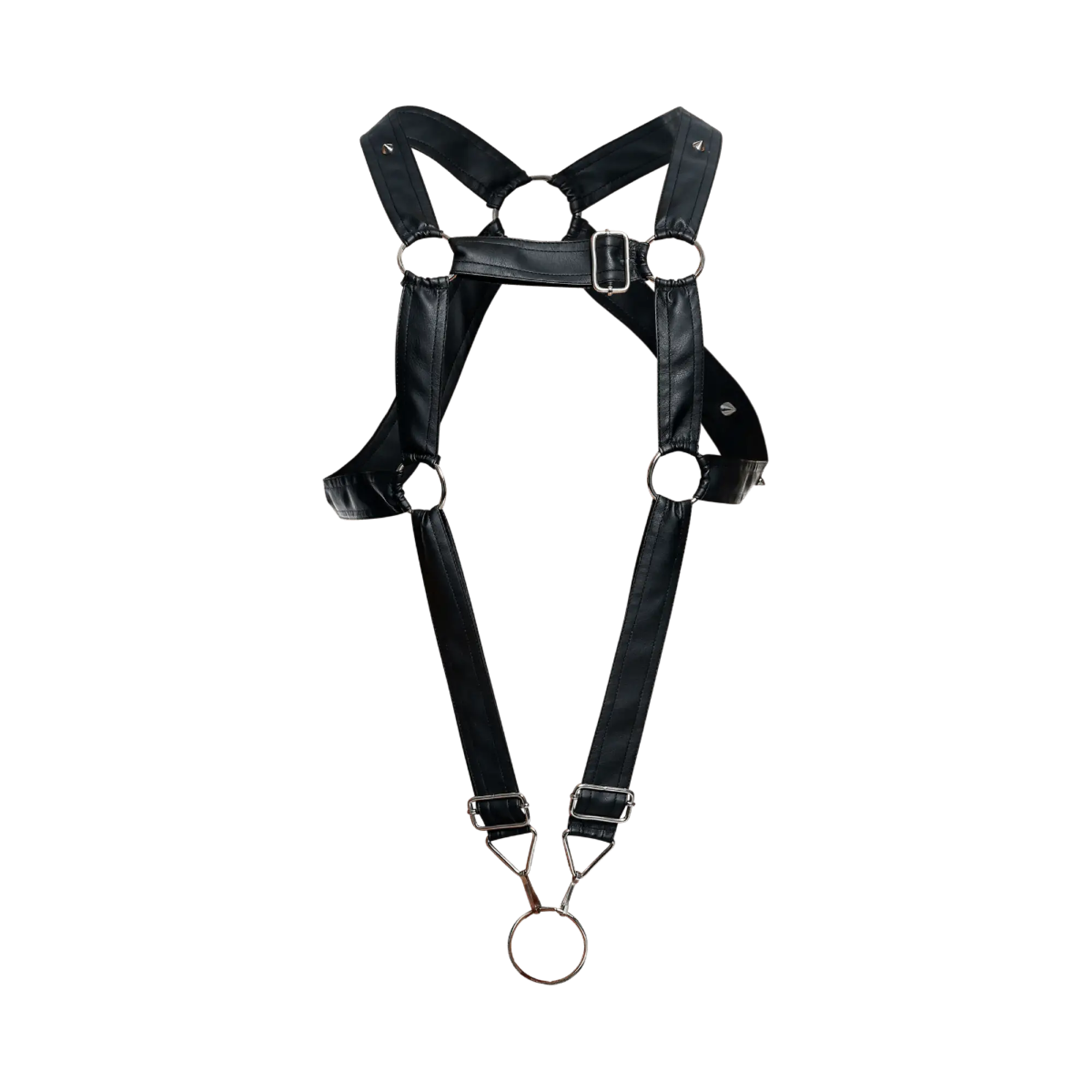 Black leather DNGEON cross C-ring harness with silver metal buckles and d-rings for adjustable fit