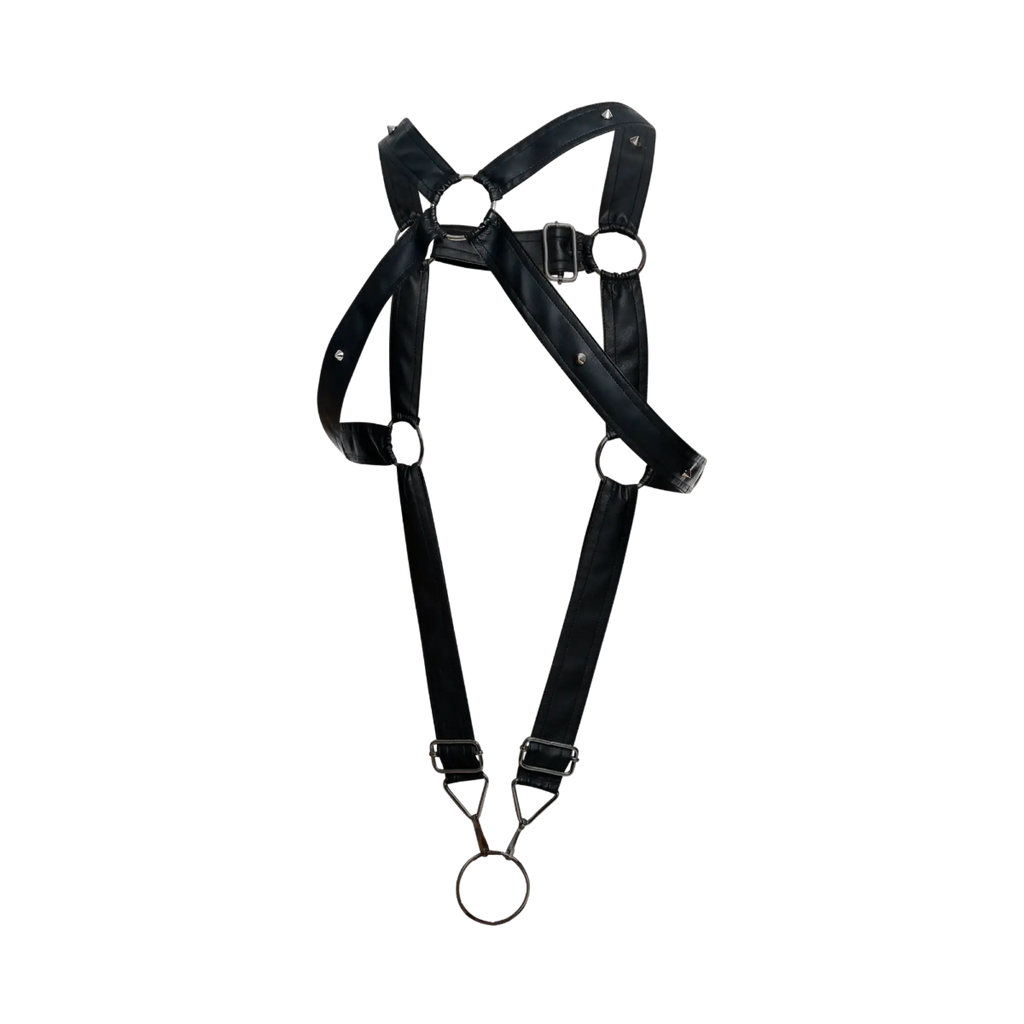 Dngeon cross c-ring harness black leather with silver metal hardware and adjustable straps visible from the back side