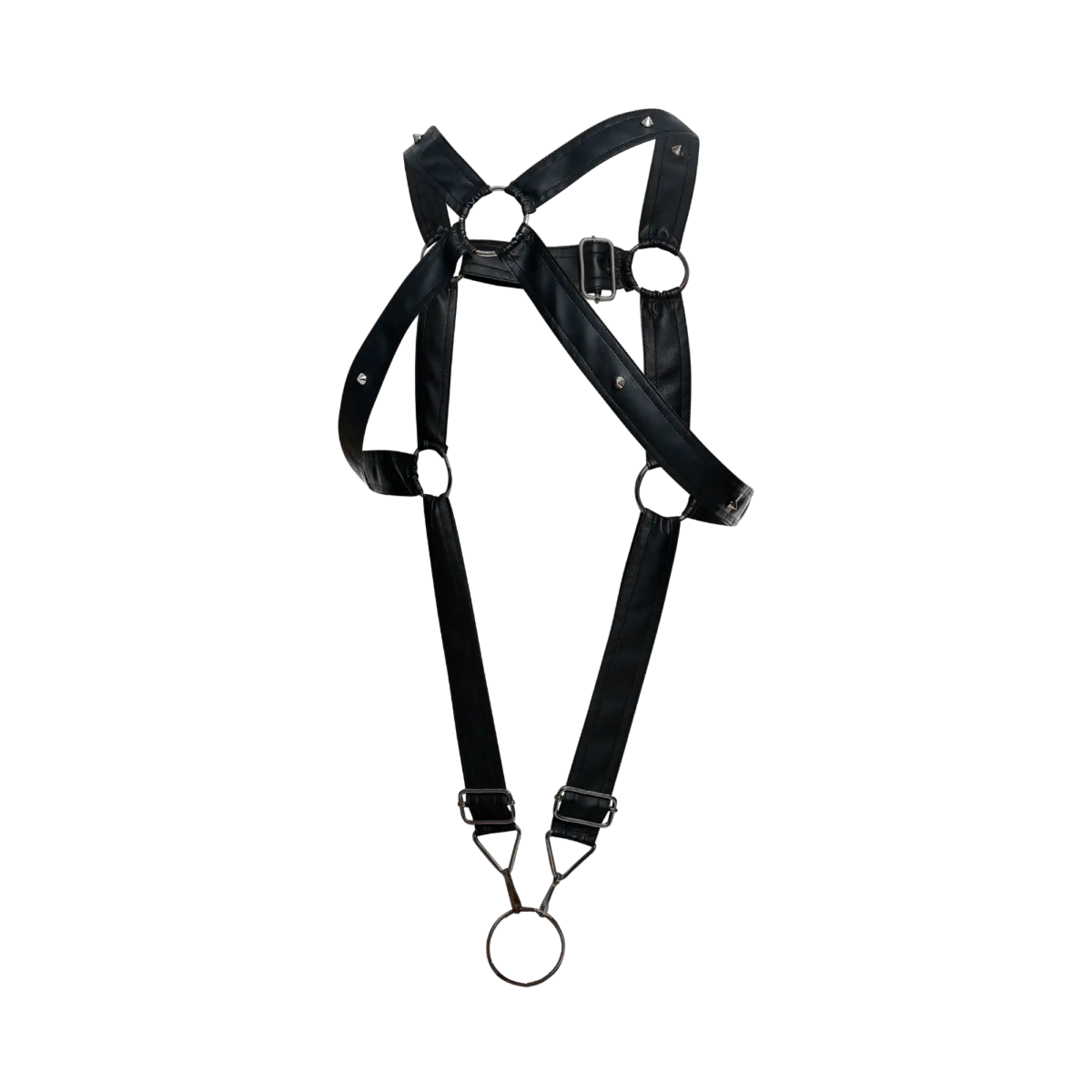Dngeon cross c-ring harness black leather with silver metal hardware and adjustable straps visible from the back side