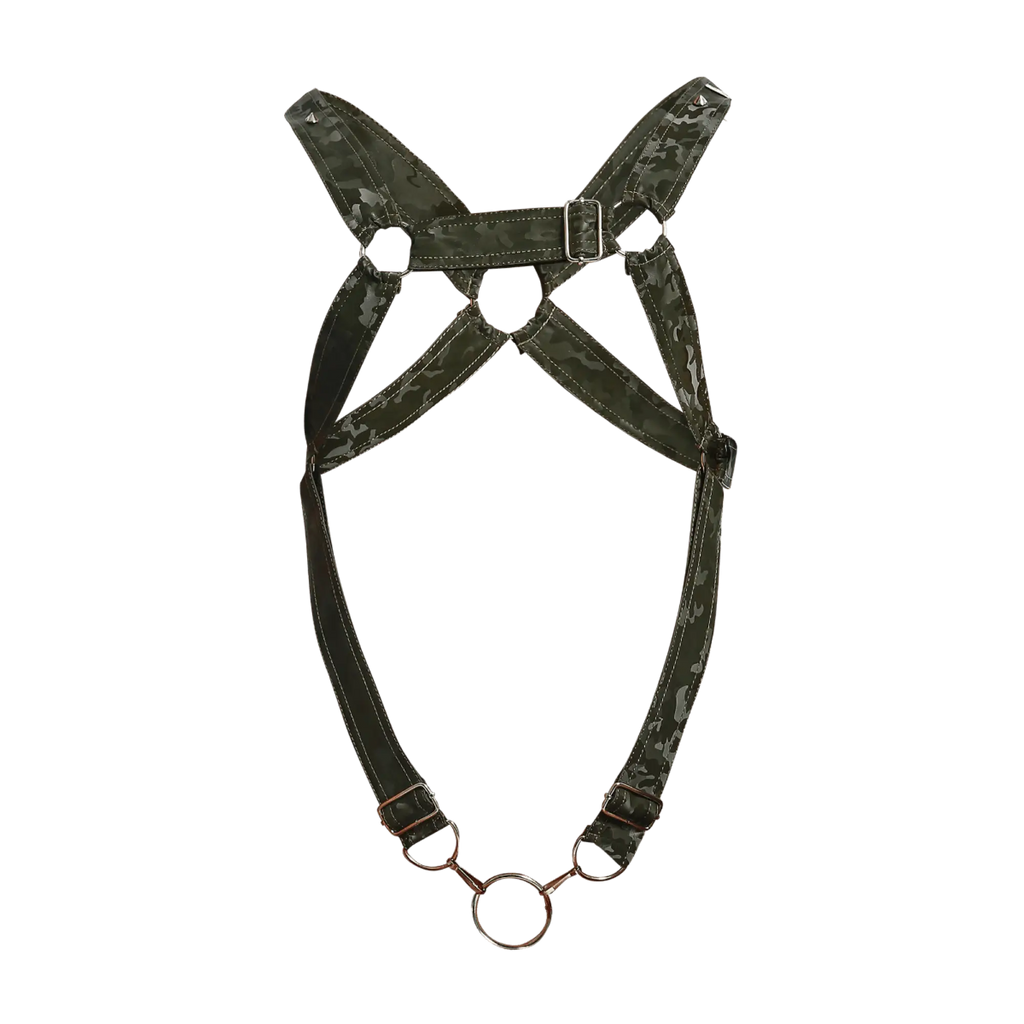 Dngeon cross c-ring harness camo dark green camouflage pattern with metallic buckles and central ring horse harness