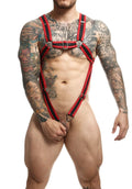 Dngeon cross c-ring harness red and black leather with silver metal buckles for adjustable secure fit