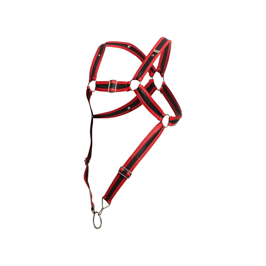 Red and black striped leather horse halter with silver metal hardware from dngeon cross c ring harness collection