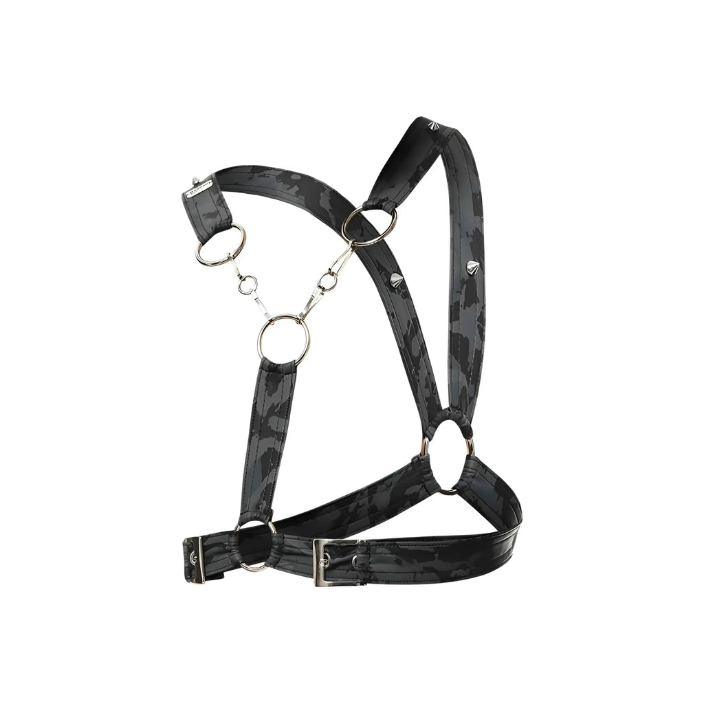 Dngeon cross chain harness black camouflage pattern with silver-toned metal rings and buckles front view