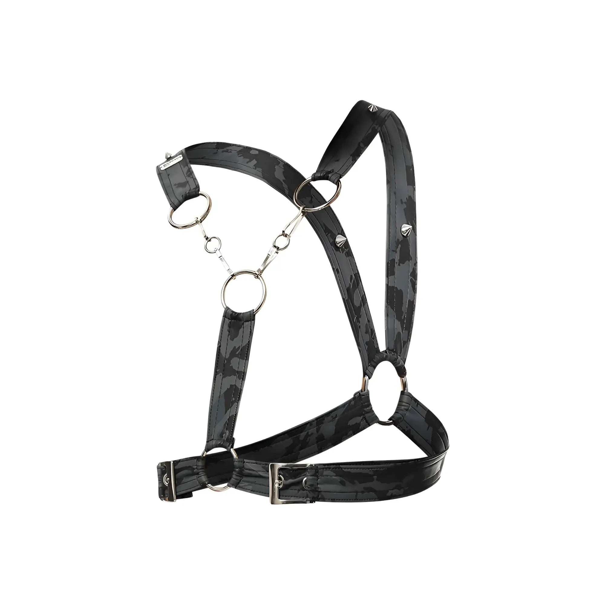 Dngeon cross chain harness black camouflage pattern with silver-toned metal rings and buckles front view