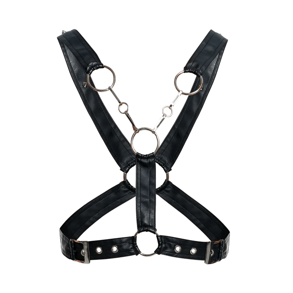 Black faux leather DNGEON cross chain harness with silver-toned metal rings and buckles shown from the back side
