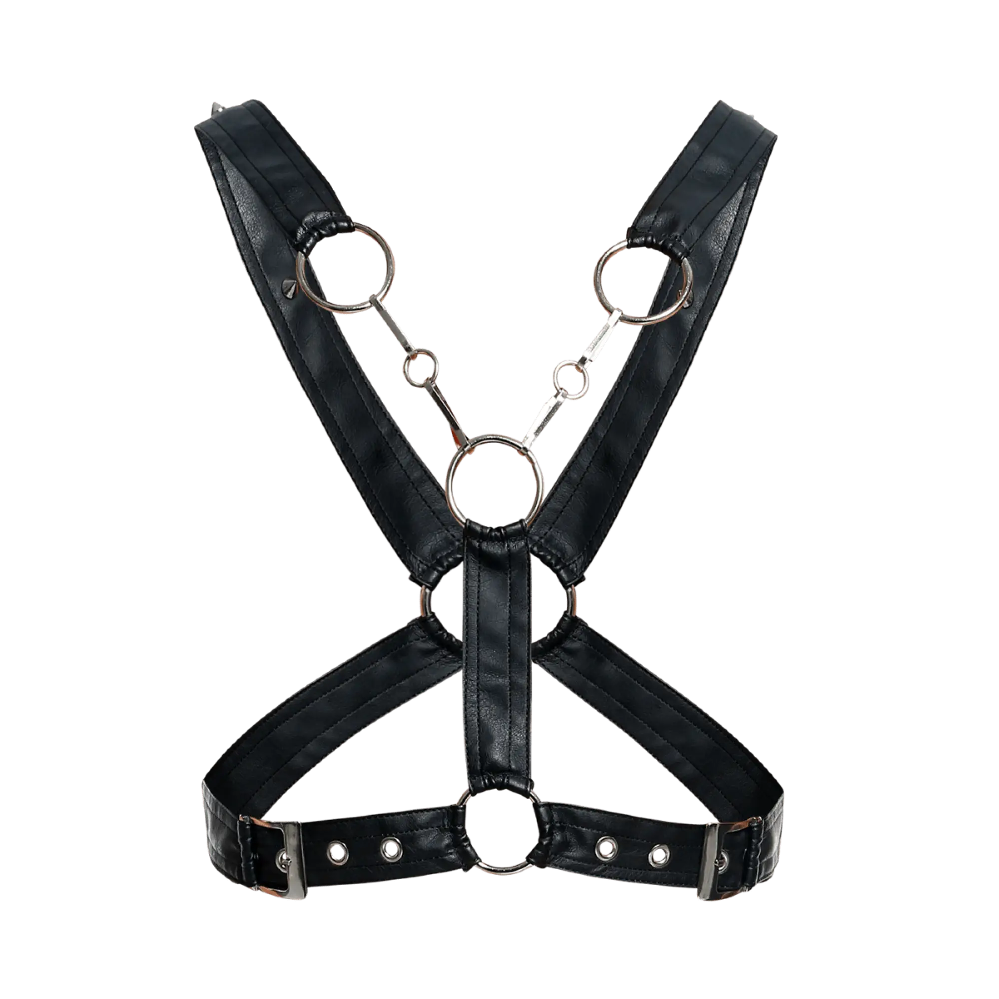Black faux leather DNGEON cross chain harness with silver-toned metal rings and buckles shown from the back side