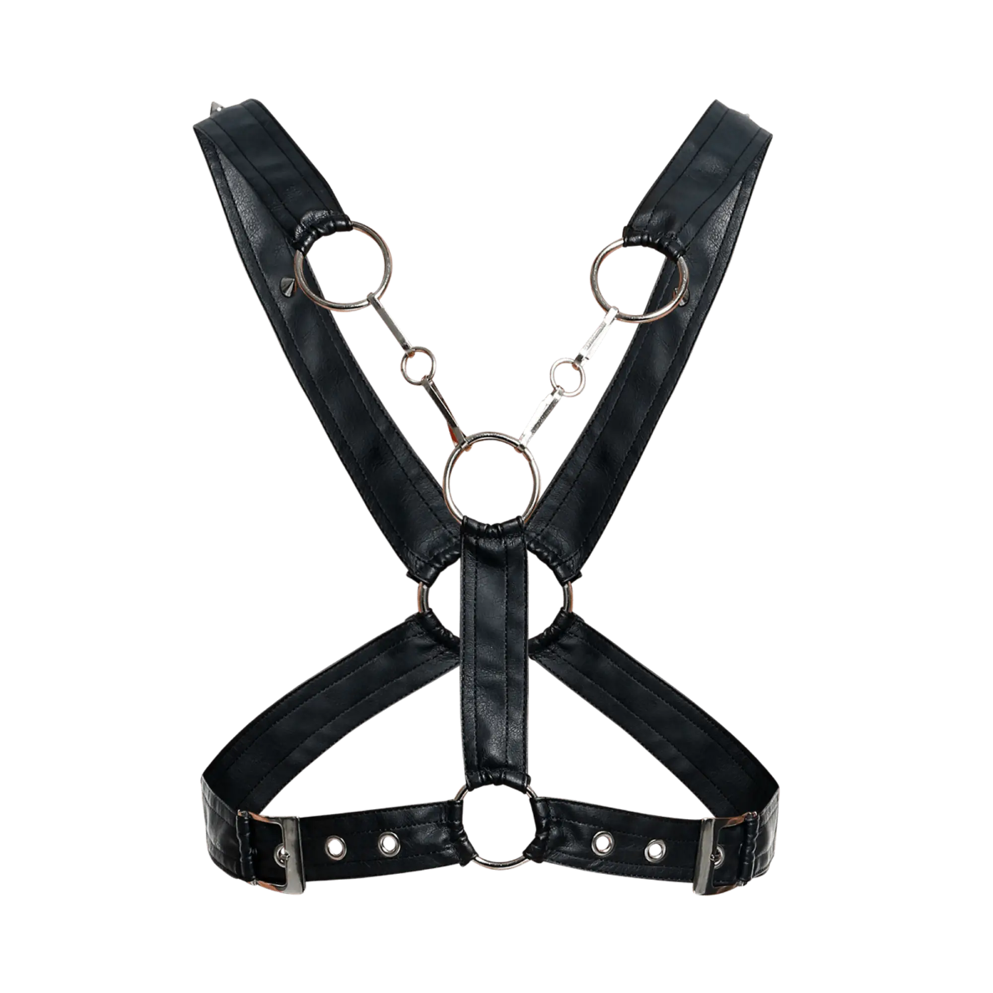 Black faux leather DNGEON cross chain harness with silver-toned metal rings and buckles for edgy fashion use