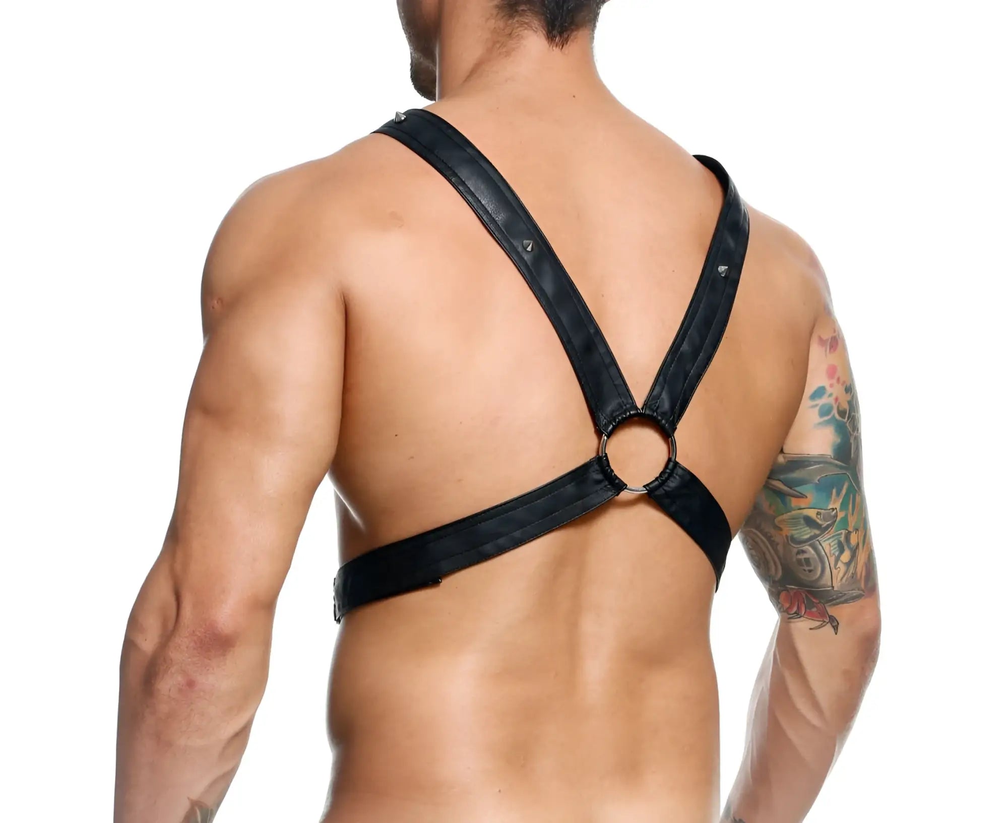 Black leather dngeon cross chain harness with central ring and adjustable straps for versatile styling
