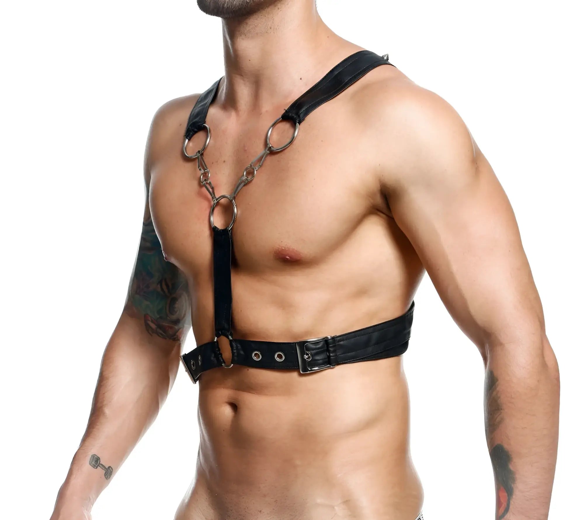 DnGeon cross chain harness in black leather featuring metal rings and a central chain for edgy style