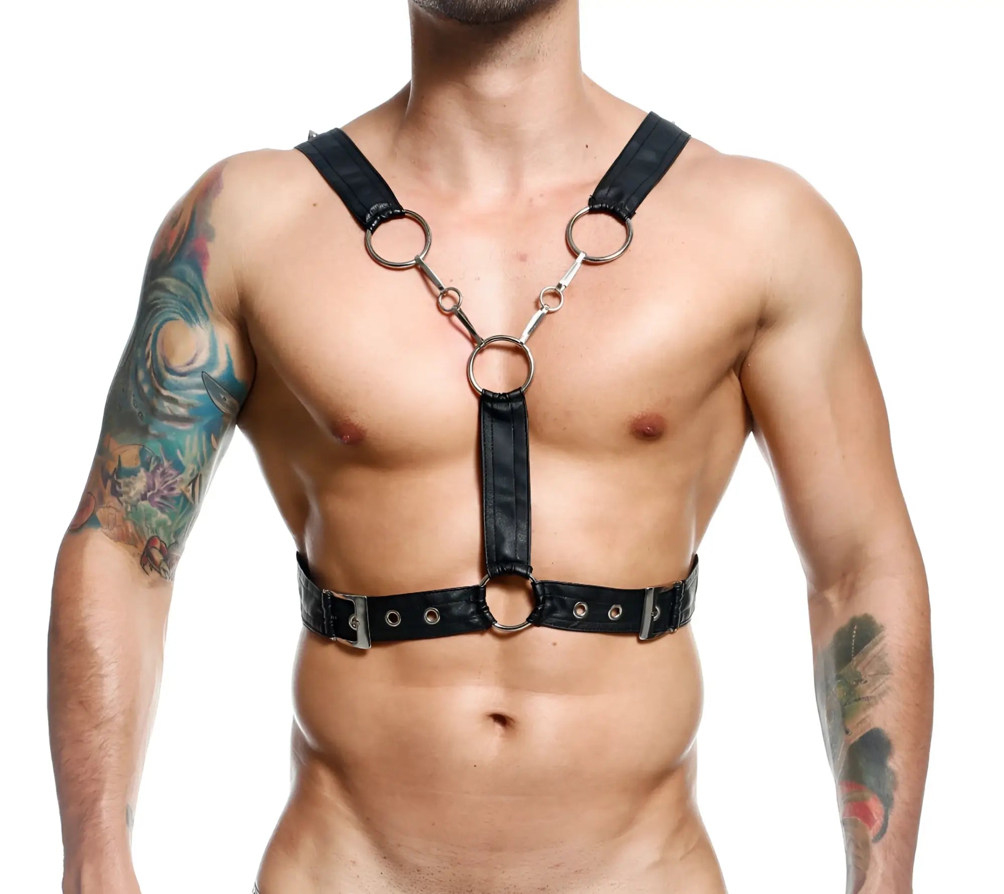 Black leather DNGEON cross chain harness with silver metal rings and buckles for edgy fashion style