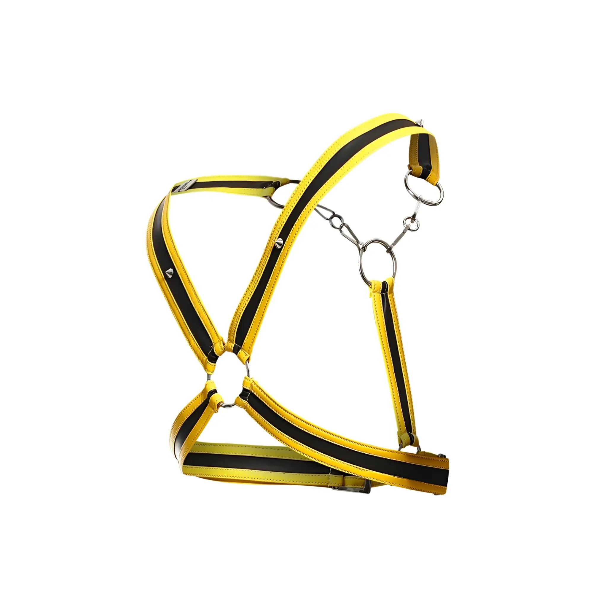 Dngeon cross chain harness bright yellow and black reflective horse halter with silver metal rings for visibility and safety