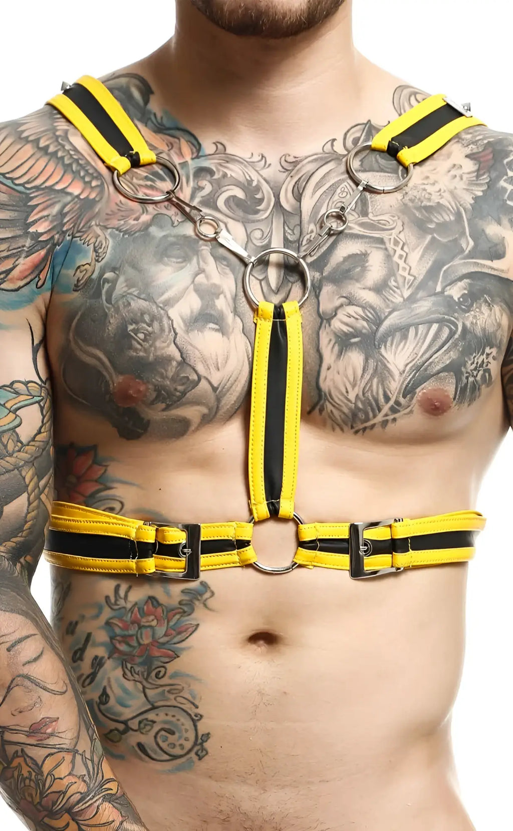 Dngeon cross chain harness bright yellow and black striped leather with metal rings and buckles front view